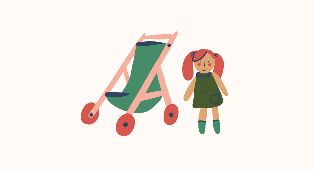 a pink and green stroller and a doll wearing a green dress