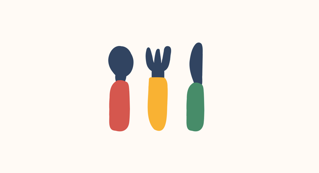 set of cutlery with a red spoon, yellow fork and green knife