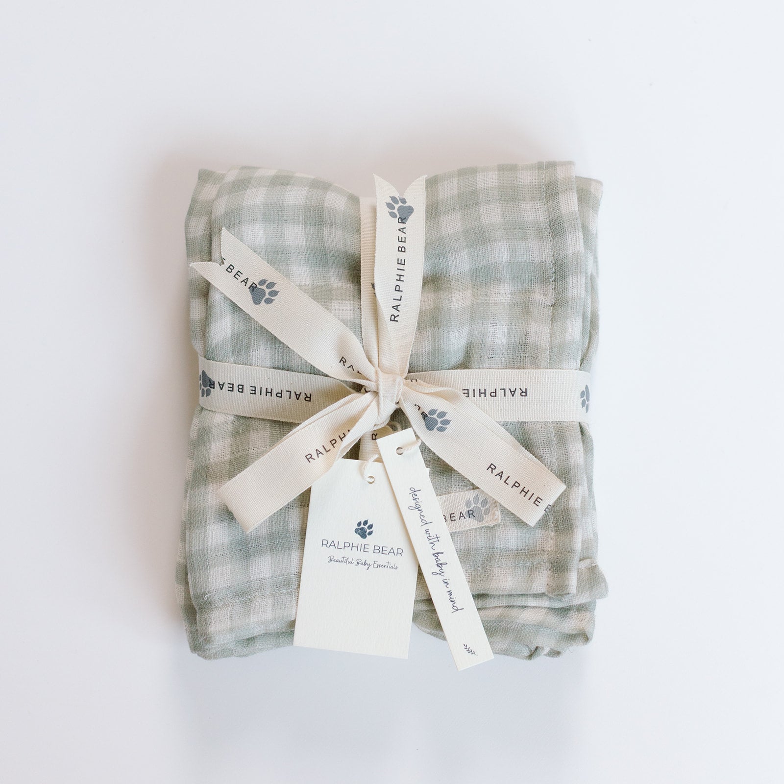 Ralphie Bear Large Muslin Swaddle - Gingham Sage | Scandiborn