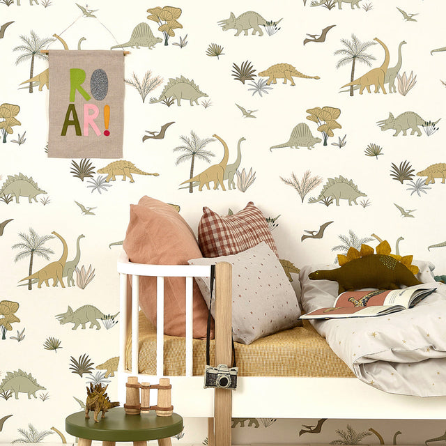 Hibou Design Dinosaurs Wallpaper - Jurassic Grey/Olive