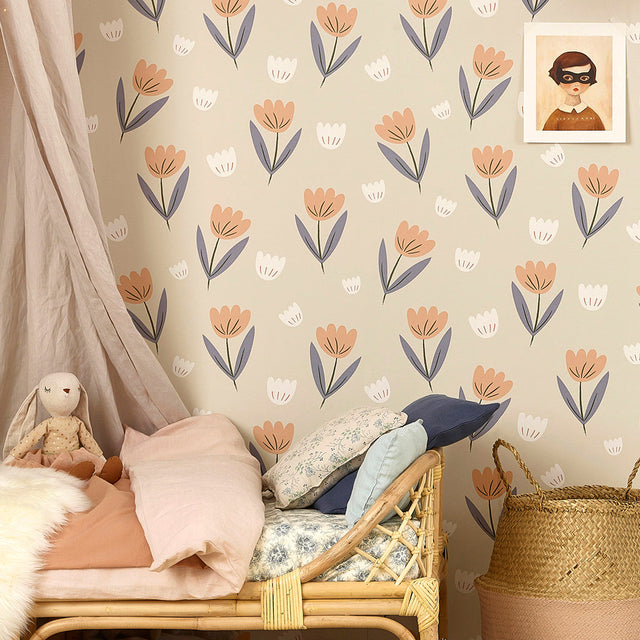 Hibou Design Fleur Wallpaper - Peach/Dusky Blue