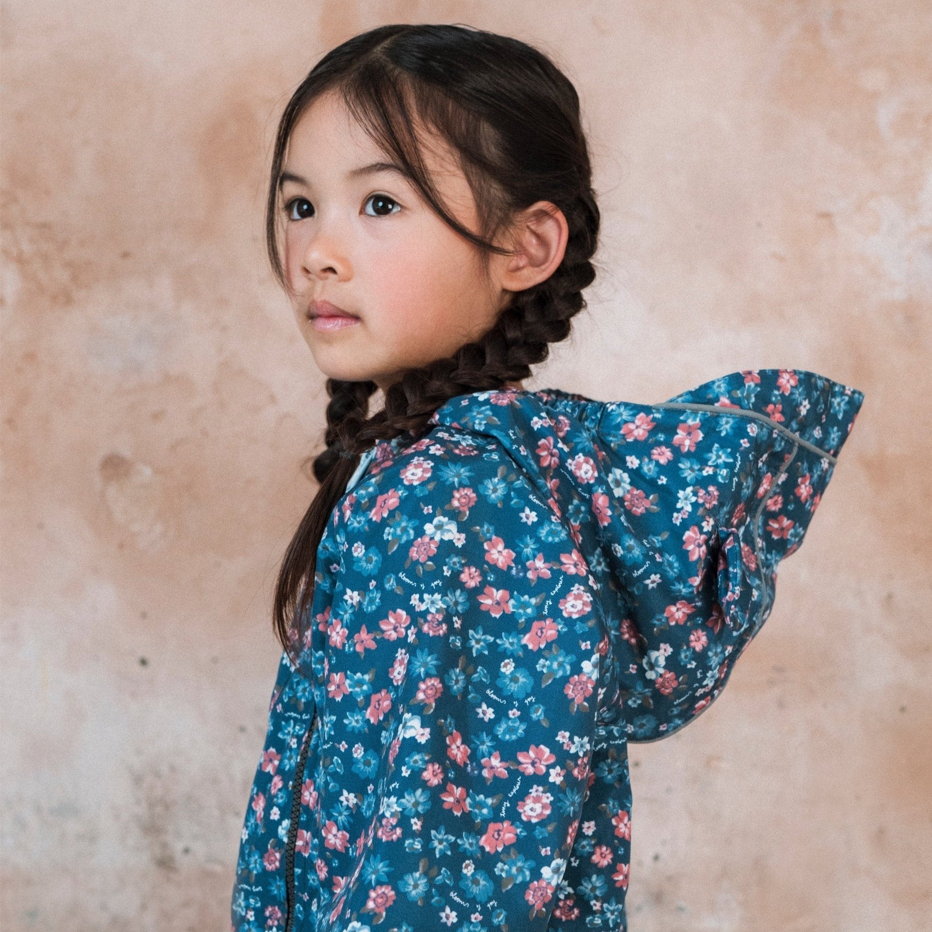 Toastie Waterproof Packable Puddlesuit - Floral Blue Rose Garden - side view and hood