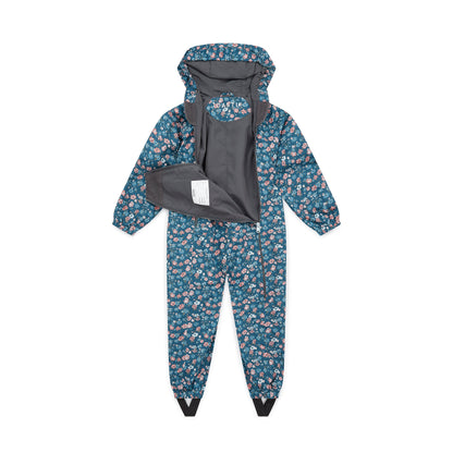 Toastie Waterproof Packable Puddlesuit - Floral Blue Rose Garden - zipped open