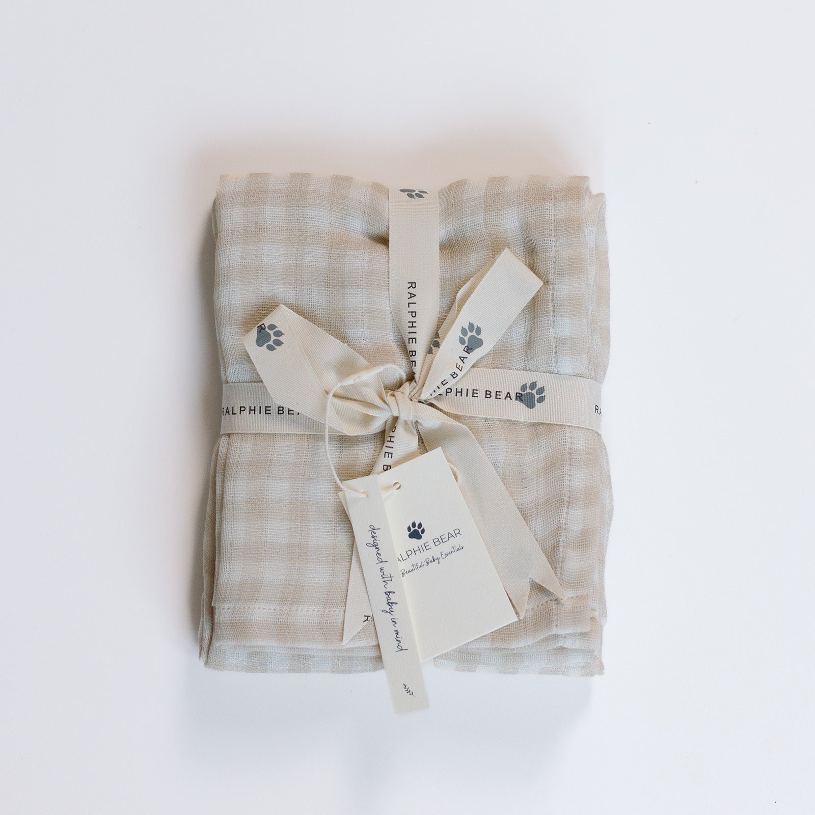 Ralphie Bear Large Muslin Swaddle - Gingham Beige | Scandiborn