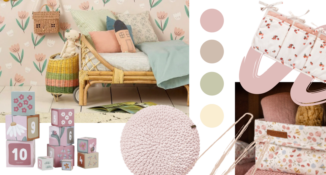 a collage visual with a rattan bed, soft blocks toys, a pale cushion and a small storage basket