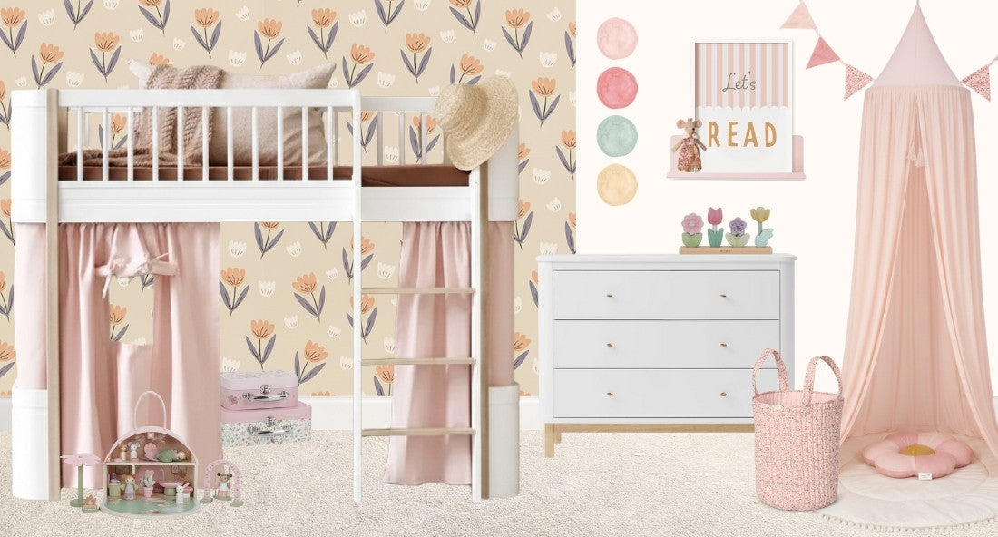 a collage visual with a rattan bed, soft blocks toys, a pale cushion and a small storage basket