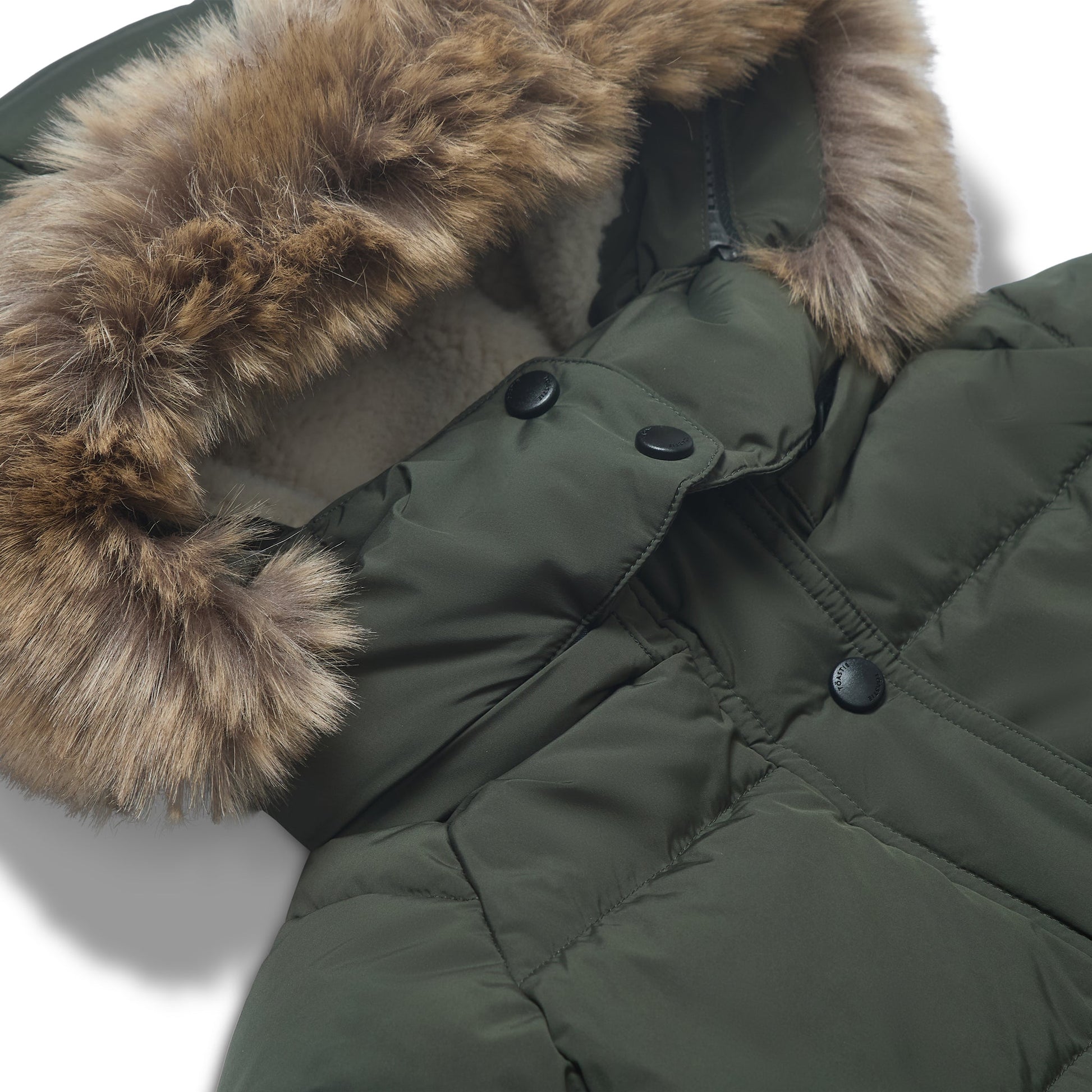 Close-up of an olive green puffer jacket with a large brown faux-fur trimmed hood and dark snap buttons.