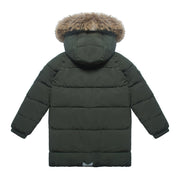 A dark olive green puffer jacket shown from the back, featuring horizontal quilting, a hood with a brown faux-fur trim, and a small gray logo tab near the hem.