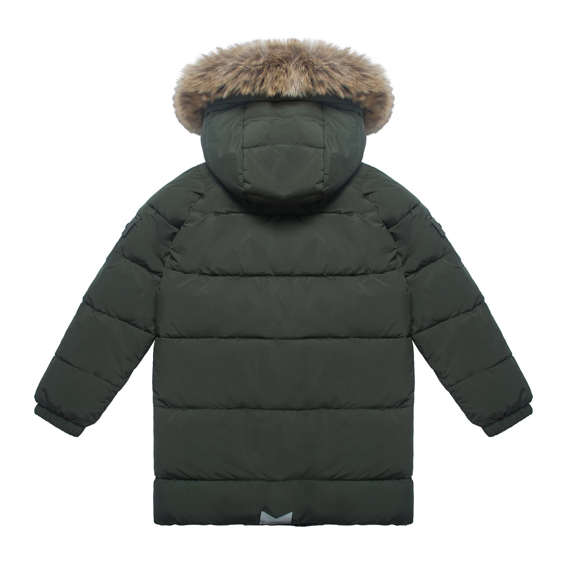 A dark olive green puffer jacket shown from the back, featuring horizontal quilting, a hood with a brown faux-fur trim, and a small gray logo tab near the hem.