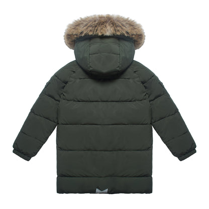 A dark olive green puffer jacket shown from the back, featuring horizontal quilting, a hood with a brown faux-fur trim, and a small gray logo tab near the hem.