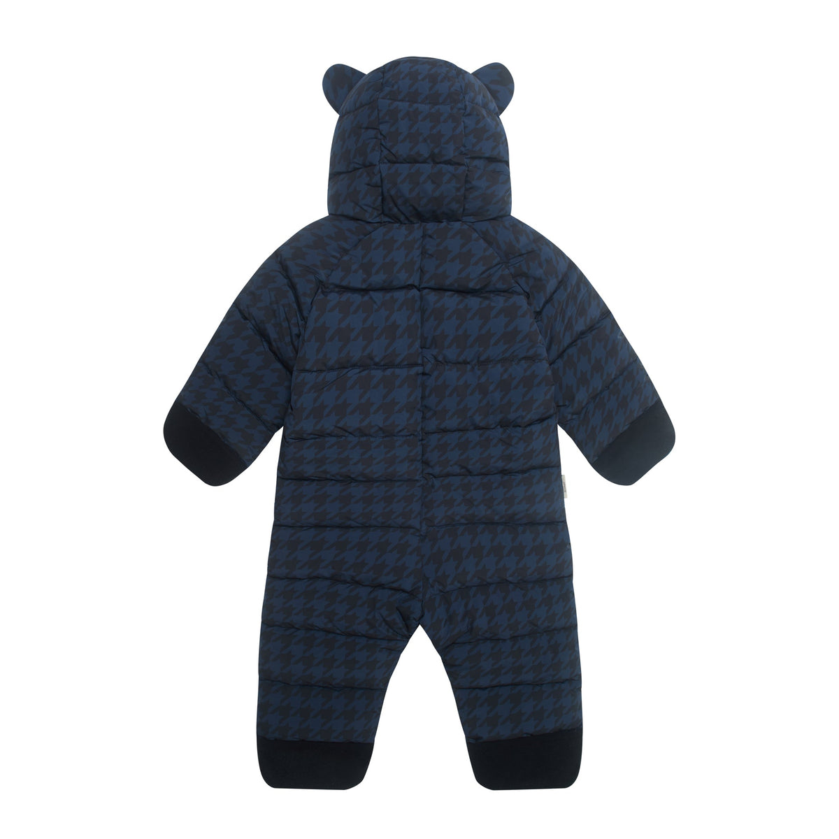 A dark navy blue hooded snowsuit with a houndstooth pattern, featuring bear ears on the hood and dark cuffs and foot coverings, shown against a plain white background.