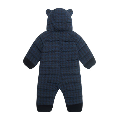 A dark navy blue hooded snowsuit with a houndstooth pattern, featuring bear ears on the hood and dark cuffs and foot coverings, shown against a plain white background.
