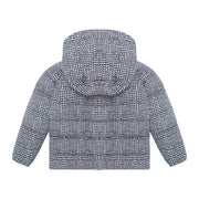 A hooded puffer jacket with a black and white micro-check pattern, shown from the back against a plain white background.