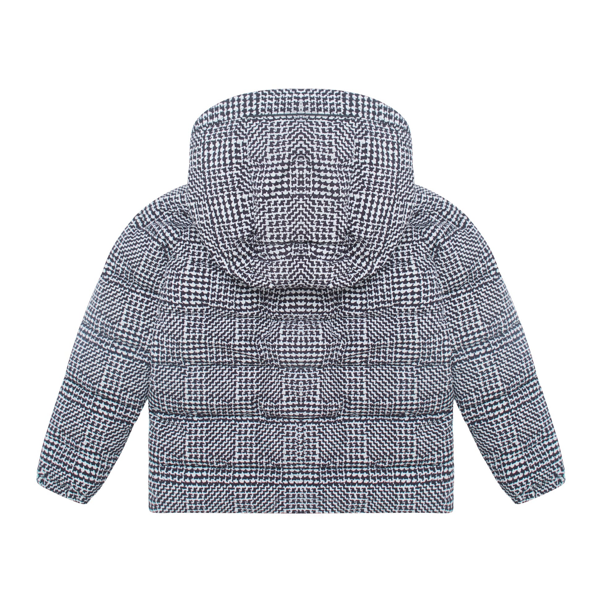 A hooded puffer jacket with a black and white micro-check pattern, shown from the back against a plain white background.