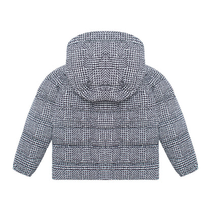 A hooded puffer jacket with a black and white micro-check pattern, shown from the back against a plain white background.