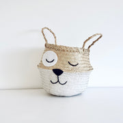 Woven basket with a dog face on a white background