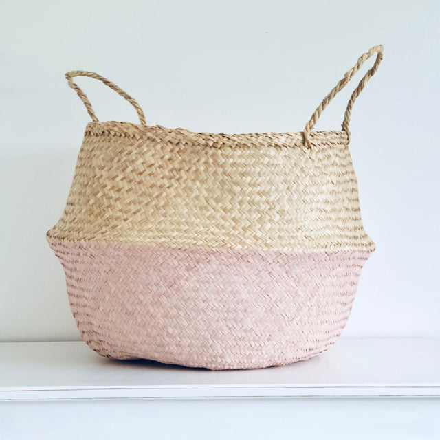 Woven seagrass basket with a pink gradient colour