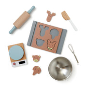 Kids Concept toy baking set with wooden rolling pin, mixer, animal-shaped cookie cutters and cookies, scale, spatula and mixing bowl, perfect for children to learn about baking and cooking. 