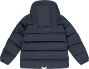 A dark navy blue hooded puffer jacket shown from the back, featuring horizontal quilted baffles and a small white logo at the bottom center.
