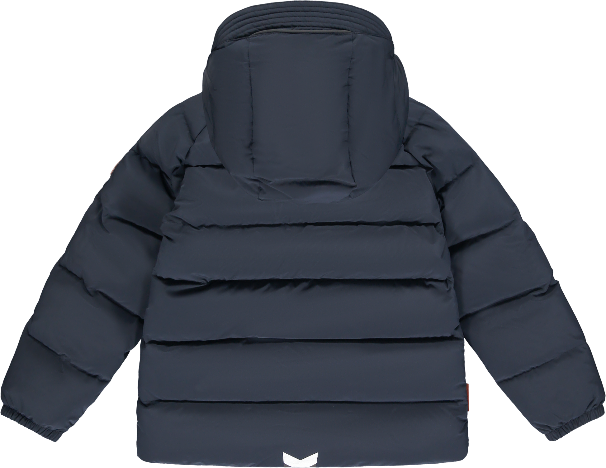 A dark navy blue hooded puffer jacket shown from the back, featuring horizontal quilted baffles and a small white logo at the bottom center.