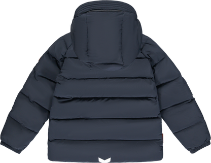 A dark navy blue hooded puffer jacket shown from the back, featuring horizontal quilted baffles and a small white logo at the bottom center.