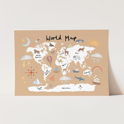 Kid of the Village World Map Fine Art Print - Sand