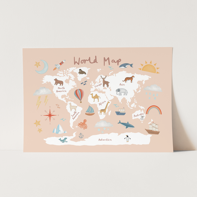 Kid of the Village World Map Fine Art Print - Pink