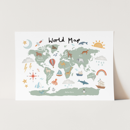 Kid Of The Village World Map Fine Art Print - Green
