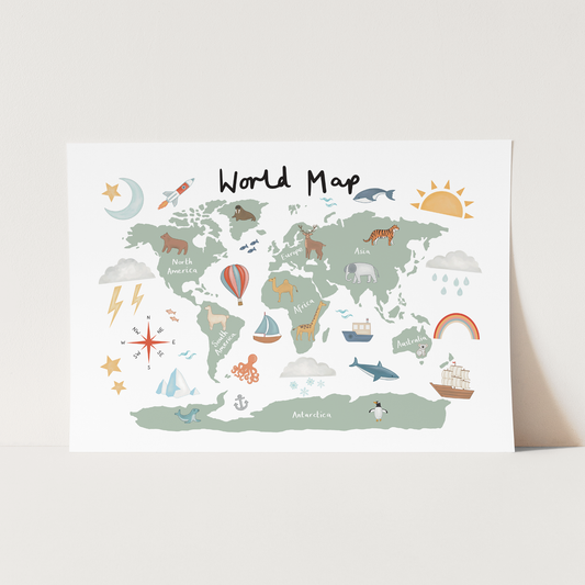 Kid Of The Village World Map Fine Art Print - Green