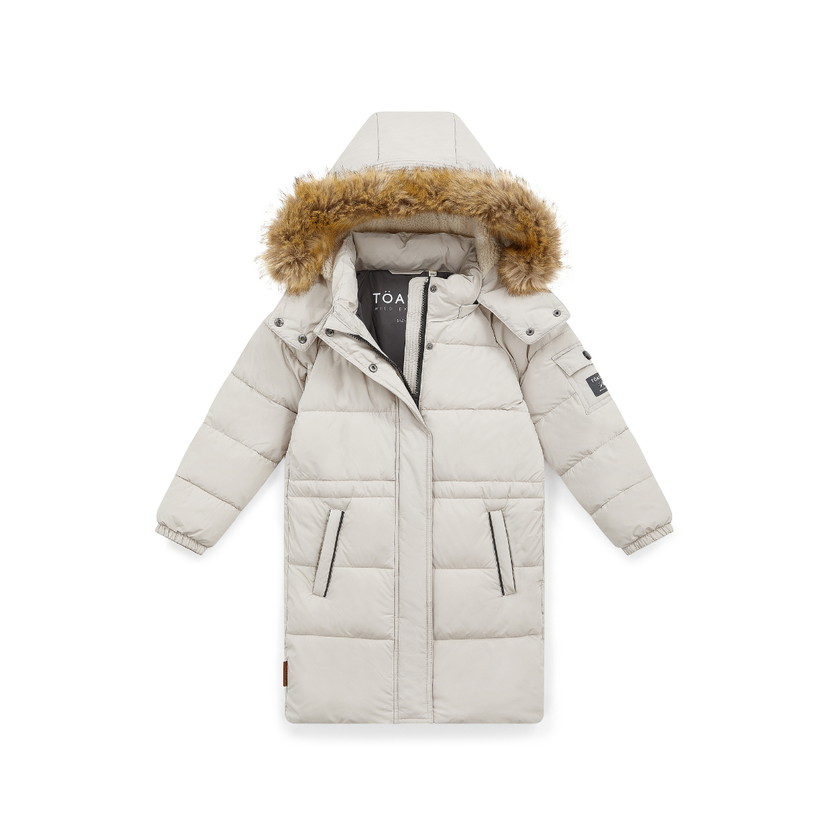 A long, quilted puffer coat in off-white with a brown faux-fur trimmed hood, shown flat against a solid white background.