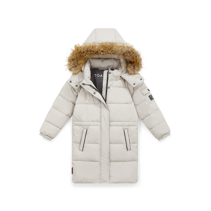 A long, quilted puffer coat in off-white with a brown faux-fur trimmed hood, shown flat against a solid white background.