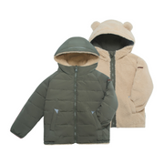 Image showing both sides of a reversible hooded children's puffer jacket on a plain white background. The front jacket is olive green with a beige sherpa-lined hood and small reflective accents near the pockets.