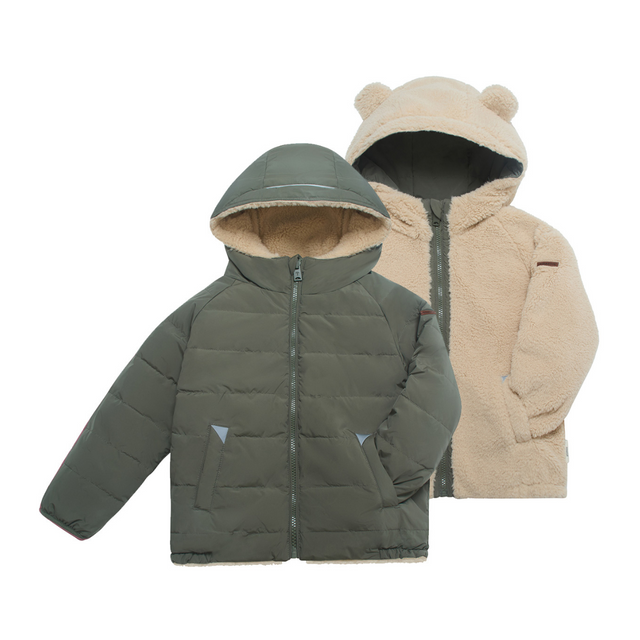 Image showing both sides of a reversible hooded children's puffer jacket on a plain white background. The front jacket is olive green with a beige sherpa-lined hood and small reflective accents near the pockets.