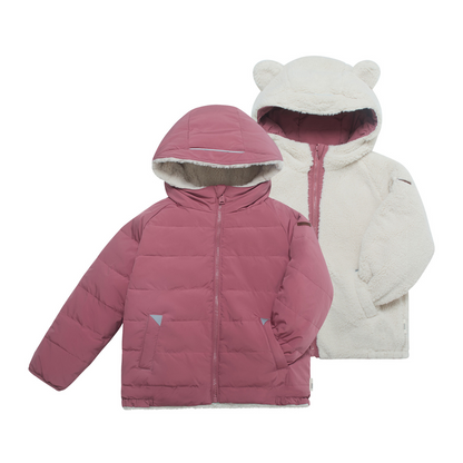 Both sides of a reversible children's hooded puffer jacket shown on a plain white background. The front jacket is dusty pink with a soft light beige lining. The back side is fleece sherpa.