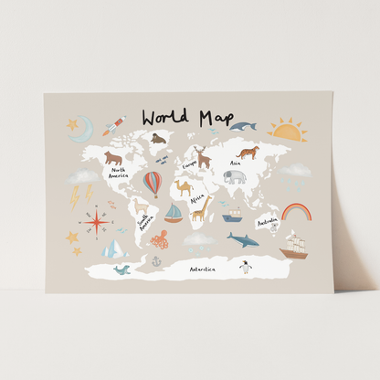 Kid of the Village World Map Fine Art Print - Stone