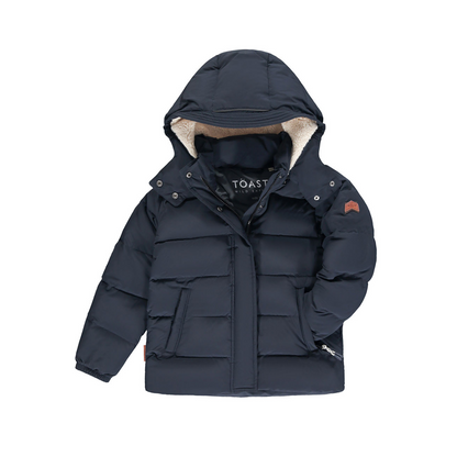 A navy blue hooded puffer jacket with a beige sherpa-lined hood, front zipper, and zippered pockets, shown on a plain white background.