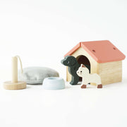Le Toy Van Dolls House Pet Set featuring a dog kennel, dog, cat, scratching post, pet bed, and pet bowl. 