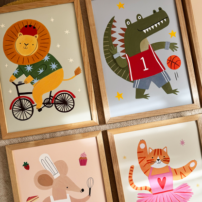 Kid of the Village Cycling Lion Fine Art Print - Sage