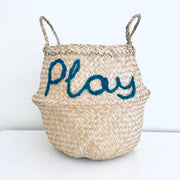 Woven basket with 'Play' text embroidered on