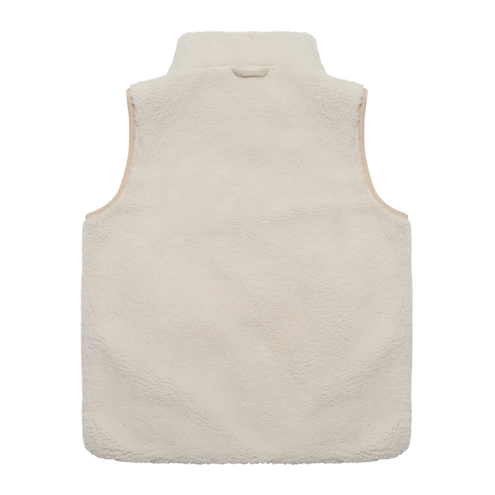 The back view of a sleeveless fleece vest in a warm cream or off-white color, shown flat against a solid white background.