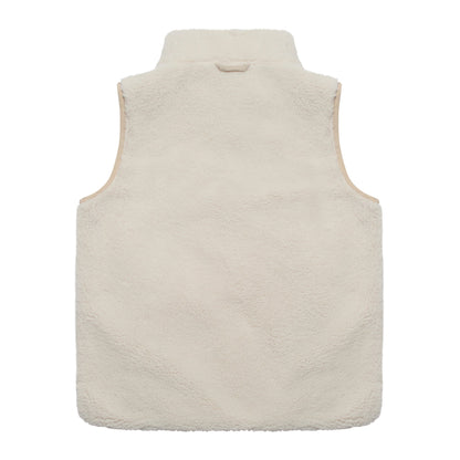 The back view of a sleeveless fleece vest in a warm cream or off-white color, shown flat against a solid white background.