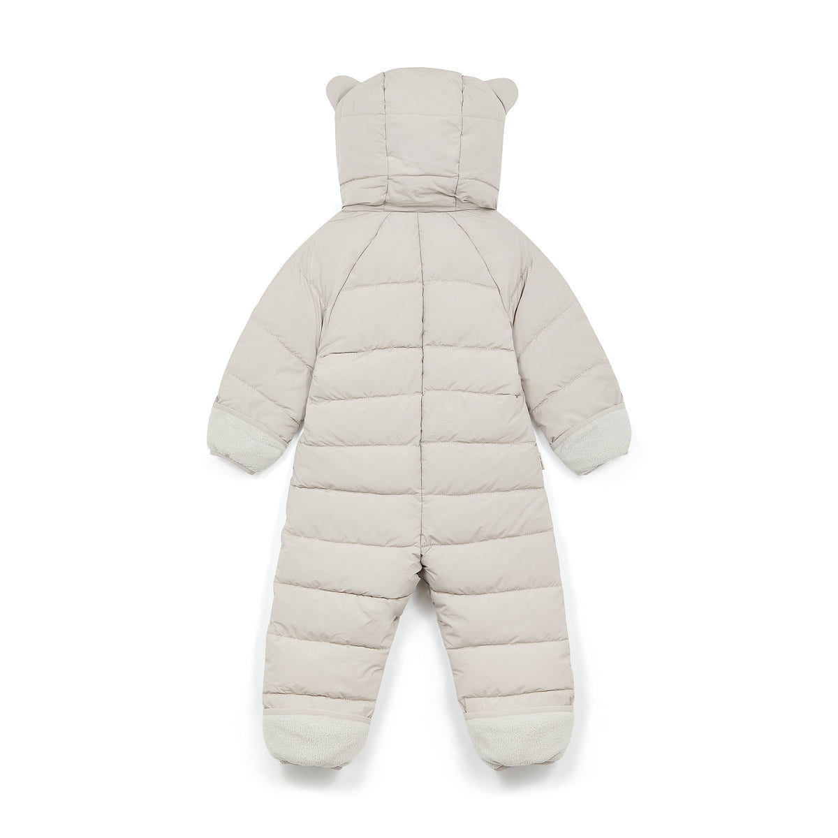 A white puffer snowsuit shown from the back, featuring a hood with bear ears, horizontal quilted padding, long sleeves, and footed legs on a white background.