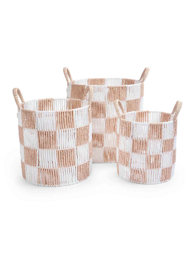 Avery Row Checkerboard Storage Basket Set Of 3 - Nude