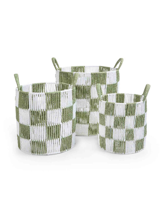 Avery Row Checkerboard Storage Basket Set Of 3 - Sage