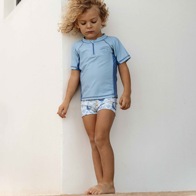 Little Dutch Swim T-shirt With Short Sleeves In Blue With Whale And Coral Design
