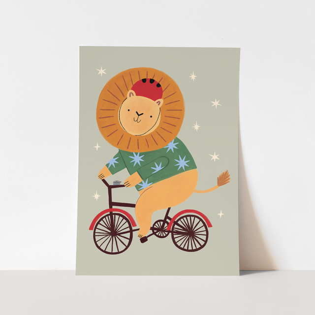 Kid of the Village Cycling Lion Fine Art Print - Sage