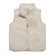 A beige fleece zip-up vest with a stand-up collar, a front zipper, and a chest pocket, shown on a plain white background.