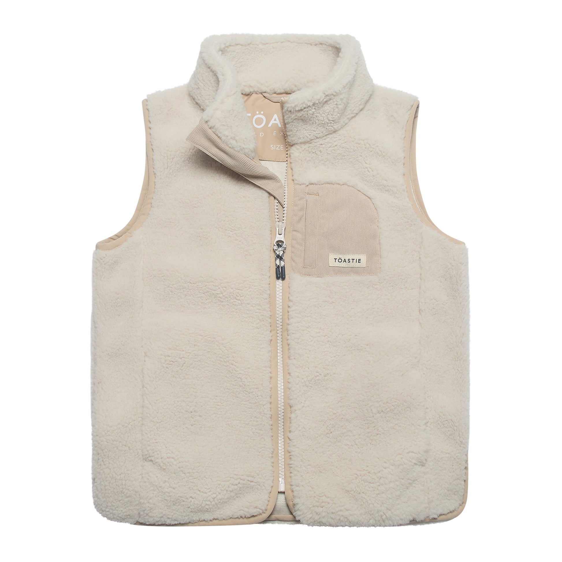 A beige fleece zip-up vest with a stand-up collar, a front zipper, and a chest pocket, shown on a plain white background.