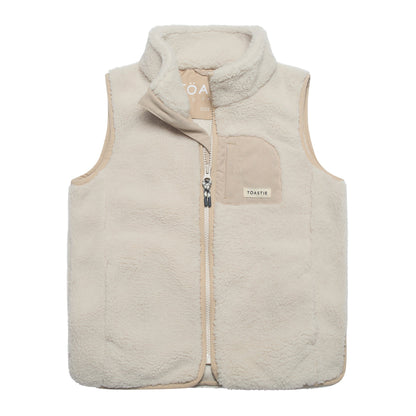 A beige fleece zip-up vest with a stand-up collar, a front zipper, and a chest pocket, shown on a plain white background.