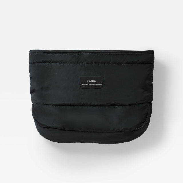 Finnson black puffer-style mono mitten with horizontal quilting and a small central label reading 'Finnson', photographed on a clean white background.